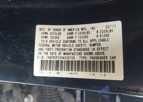 2017 Honda Accord Lx из США, поврежденный, VIN 1HGCR2F32HA226709